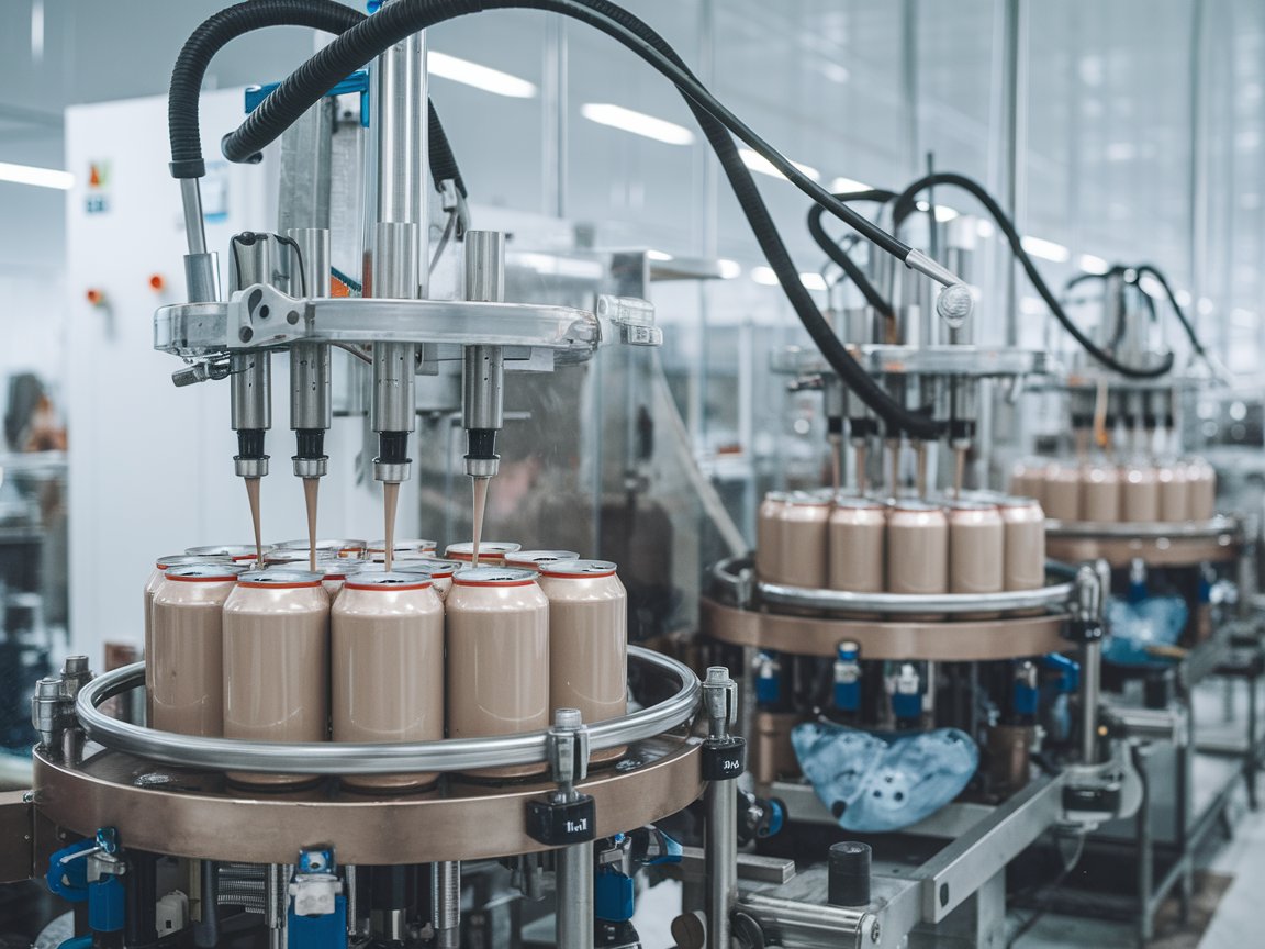 Automated machines bottling protein shakes into tin beverage cans in a supplement factory.